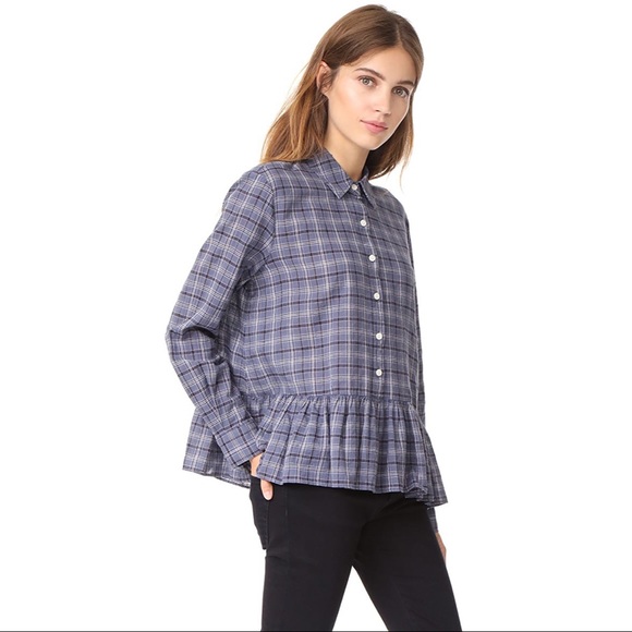 THE GREAT. The Ruffle Oxford Shirt - Library Plaid - Picture 12 of 15